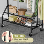 Holiwei Clothes Rack with 2 Shelves, Heavy Duty Garment Rack Load 450 LBS, Standing Rolling Metal Hanging Clothes with Sturdy Wheels & Shelves