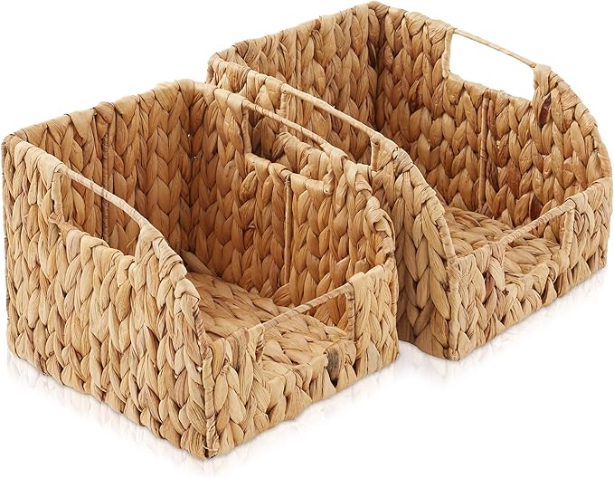 Casafield Set of 2 Water Hyacinth Pantry Baskets with Handles - Natural, Woven Storage Bin Organizers for Kitchen Shelves, Medium and Large Sizes