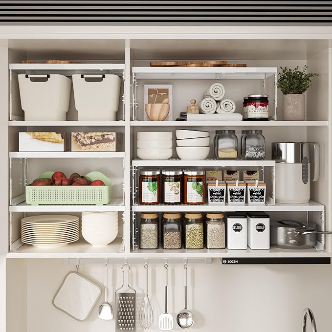 Jojocross Adjustable Stackable Metal Storage Shelf Organizer - Expandable Wire Rack with Perforations for Kitchen, Pantry, Bathroom, Cabinet & Office-Compact, Durable & Sturdy (3PACKS/Large/White)