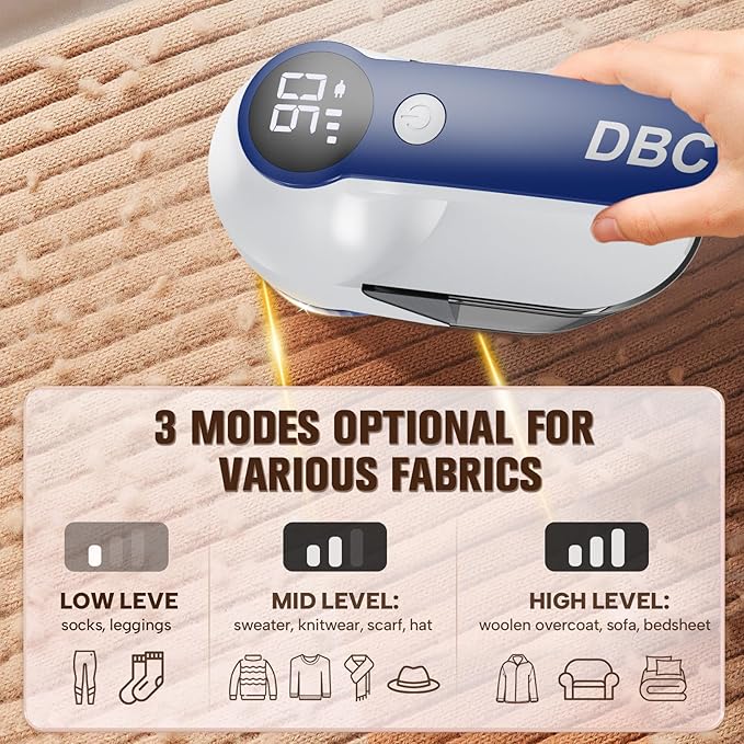 DBC Fabric Shaver with 15000r/Min Powerful Motor, LED Display, 3-Speeds, 6-Leaf Blades, Large Shaving Head Lint Remover for Clothes, Lint Ball, Furniture, Fuzz - Blue & White