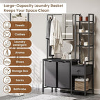 Creso hom Laundry Hamper with Shelf, 5 Tiers Tall Laundry Basket Sorter with 2 Pull-Out and Removable Bags, Clothes Rack with Laundry Sorter for Laundry Room Bathroom Bedroom, Black
