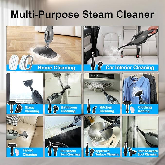 11-in-1 Steam Mop, 1550W Powerful Handheld Steam Cleaner, 260°F Multi-Functional Floor Steamer with 21.3FT Cord for Floors, Hardwood, Tiles, Grout, Windows, Kitchen, Bath, Adjustable (Grey)