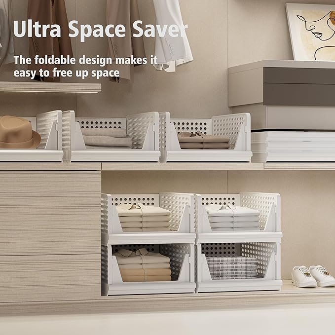 Proarea 5 Pack Stackable Plastic Storage Basket Closet Organizer Bin Foldable Clothes Organizer Storage Drawer Shelf Container for Living room Bathroom Kitchen Office (4L+1S)
