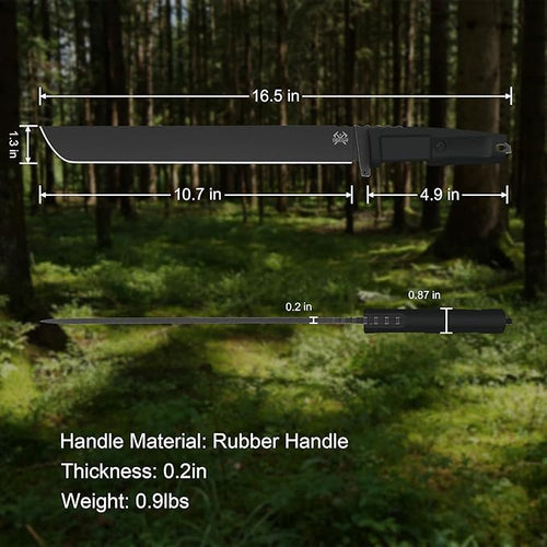 16.5" Machete for Cutting Trees Heavy Duty, Full Tang Machete Knife with Ergonomic Non-Slip Rubber Handle and Sheath, 0.22" Thick Machette for Yard Work, Clearing Brush, Camping and Outdoor
