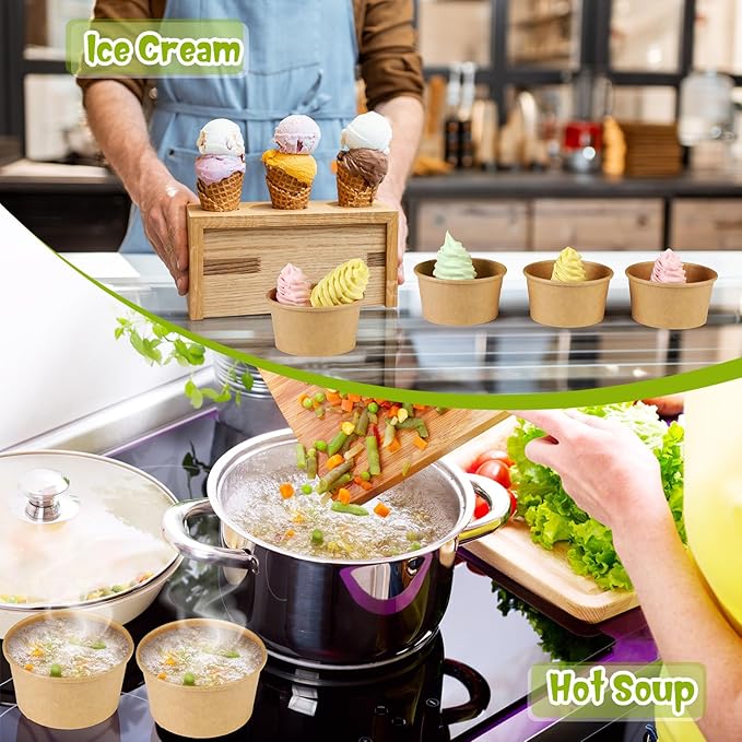 Fulmoon 100 Pack Paper Soup Containers with Lids Disposable Paper Food Containers with Vented Lids Kraft Ice Cream Bowls Soup Cup Ice Cream Cups for Restaurants(6 oz,Brown)