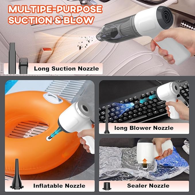 Mini Car Vacuum Cleaner, Small Handheld Vacuum Portable Cordless 3 in 1 Dust Buster & Air Blower & Hand Pump, 15000PA Rechargeable Hand Vacuum High Power for Car, Home, Office