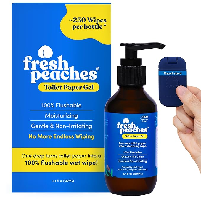 Fresh Peaches Toilet Paper Gel, Wet Wipe Alternative – Flush-Safe, A Cleaner Way to Wipe – Toilet Paper Spray (Blue Pocket, Starter with Pocket) – 4.4 oz