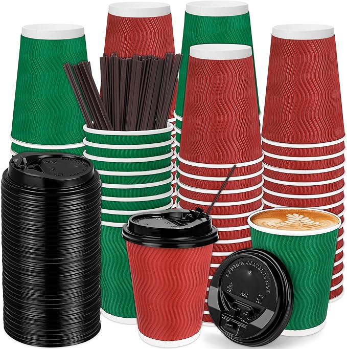 60 Pack 12 Oz Christmas Paper Coffee Cups with Black Lids Disposable Insulated Corrugated Ripple Wall Cup for Hot or Cold Drinks Office Home Travel Party Supplies