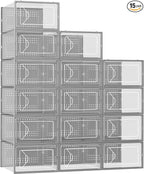 Foluck Shoe Storage Box, 15 Pack Clear Plastic Stackable Shoe Organizer for Closet, Interlocking Design Shoe Container Bins for Sneakers, Foldable Shoe Rack with Lids, Gray