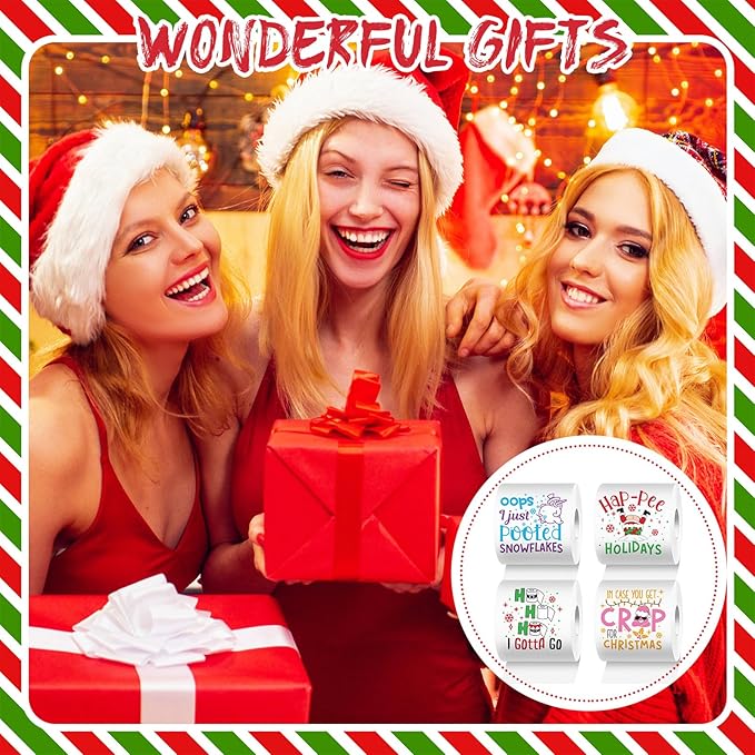 4 Rolls Merry Christmas Toilet Paper Santa Toilet Tissue Disposable Xmas Paper Towels Christmas Stocking Stuffers for Xmas Holiday Birthday Party Supply(Cute)
