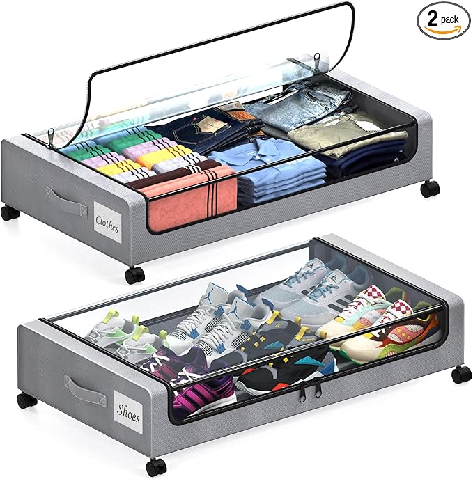 Under Bed Storage with Wheels, 2 Pack Under Bed Storage Containers with Dividers & Clear Lids, XXL 65L Under the bed storage Organizer Bins, Underbed Storage with Wheels for Clothes (Gray, 2 Pack)