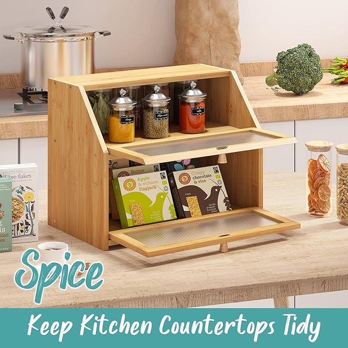 Bread Box for Kitchen Counter, Large Bamboo Wood Double Layer Bread Box, Wooden Bread Storage Capacity