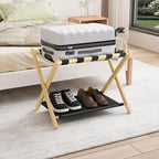 Smuxee Natural Bamboo Luggage Rack for Guest Room, Foldable Suitcase Stand with Storage Shelf, Easily Assembled Luggage Stand with 5 Nylon Straps for Guest Room Bedroom Hotel