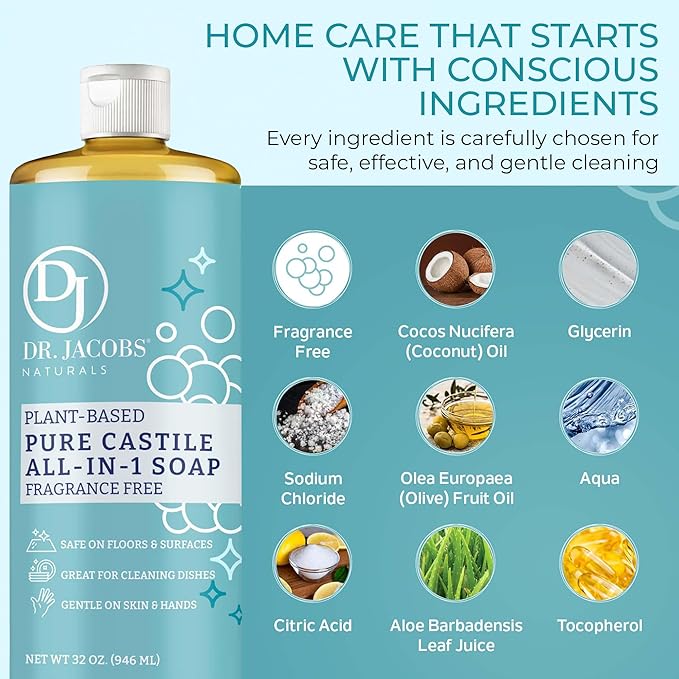 Dr. Jacobs Naturals Fragrance Free Castile All-in-One Cleaner and Soap - Plant-Based Formula for House Cleaning Floors and Appliances - Gentle on Skin and the Planet - 32 oz, 2 Pack