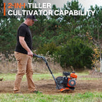 NOVUS 2 in 1 Gas Tiller Cultivator with 79cc 4-Cycle Engine, 9"-17" Tool-Free Tilling Width Adjustment, 24 Steel Tines, Never-Flat Wheels,Front Tine Gardon Tiller for Lawn, Field Soil Cultivation