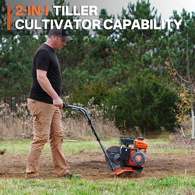 NOVUS 2 in 1 Gas Tiller Cultivator with 79cc 4-Cycle Engine, 9"-17" Tool-Free Tilling Width Adjustment, 24 Steel Tines, Never-Flat Wheels,Front Tine Gardon Tiller for Lawn, Field Soil Cultivation
