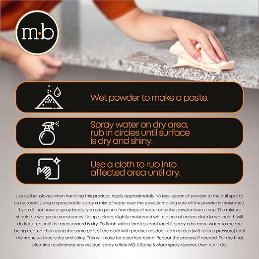 MB-11 Marble Polishing Powder with Microfiber Cloth and Gloves - Spot Polish Water Stains, Rings or Etches to Restore Marble, Travertine, Limestone or Onyx
