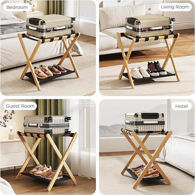 oakvivo Fully Assembled Luggage Racks Pack of 2, Bamboo Natural Foldable Luggage Rack for Guest Room, Suitcase Stand with Fabric Storage Shelf for Hotel, 5 Nylon Straps, 26.77" W x 16.93" D x 22.5" H