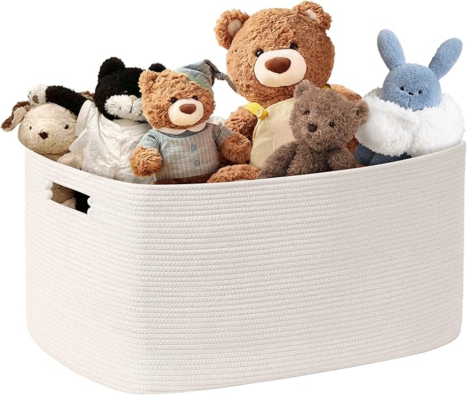 60L Small Baby Girls Laundry Basket for Nursery Storage,Cute Woven cotton Rope Baskets for Kids Toy，Gifts,Boho Square Wicker Blanket hamper for Living Room,Bedroom Dirty Clothes, White