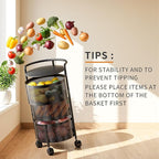 JAQ 3-Tier No Assembly Vegetable Storage Rack, Under Counter Rotating Fruit Basket with Wheels, Carbon Steel Kitchen Organizer for Potato Onion, Fruteros Para Cocina, Black