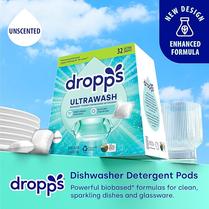 Dropps UltraWash Dishwasher Detergent Pods, Unscented (32 Ct) - Free & Clear | Cuts Grease & Stuck-On Food | Sparkling Dishes & Glasses | Residue-Free | Clean Ingredients | Plastic Free Packaging