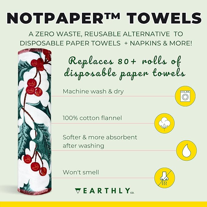 Reusable Paper Towels - 10 Pack - Roll of Washable Cotton Cloth Paper Towels - Paperless Reusable Napkins Cloth Washable - Absorbent + Long Lasting - Zero Waste Products - (Holly Jolly)