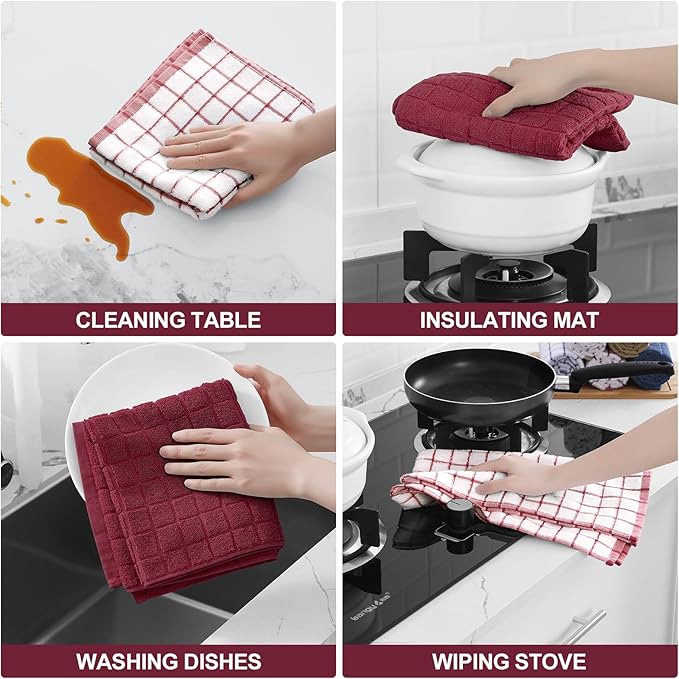 Homaxy Premium Cotton Kitchen Towels 16"x 28", Large Natural Ring Spun 390 GSM Dish Towels, Super Absorbent Terry Kitchen Hand Towels, Soft Tea Towel with Hanging Loop, Red Check Design,6 Pack