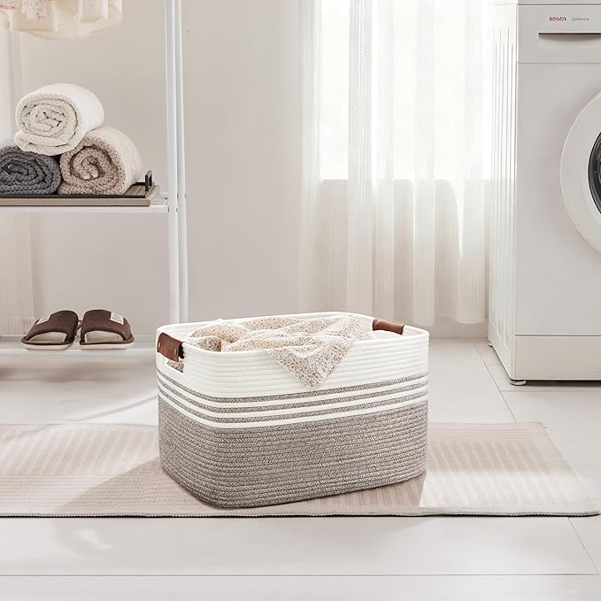 45L Small Laundry Basket with Leather Handles for Living Room Storage, Woven Rope Baskets Bin for Blanket, Kids Toy, Gifts, Wicker Hamper for Bedroom Dirty Clothes, 18"x14"x11" Dark Brown