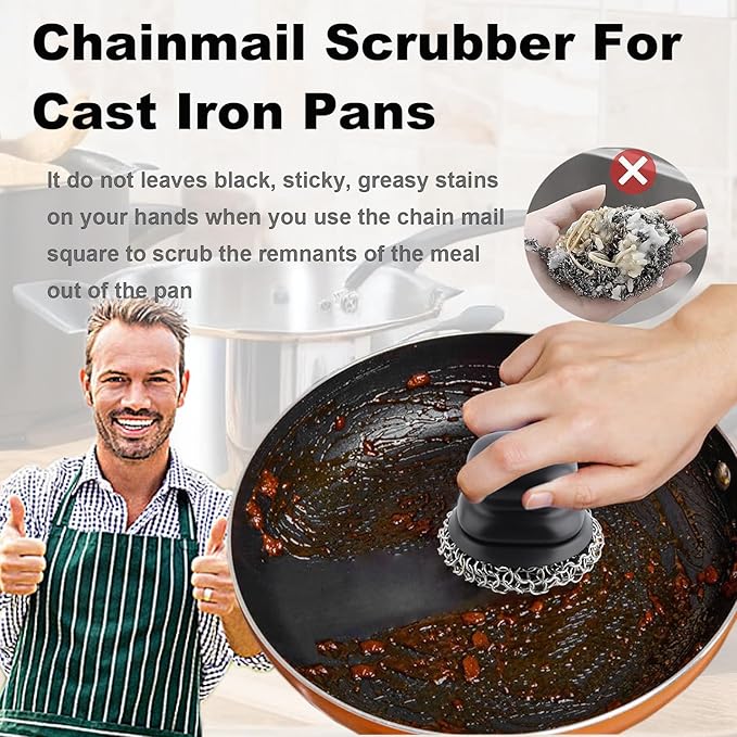 Upgraded Cast Iron Cleaner Brush with Heavy Duty Handle, Chain Mail Cast Iron Skillet Pan Scrubber for Griddle Cleaning Brush with Pan Grill Scrapers