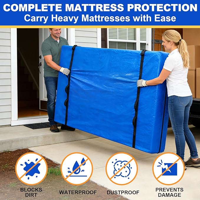 TICONN Mattress Bags for Moving, Heavy Duty Full Mattress Cover Storage Bag with Full-Around Handle and Adjustable Buckles (Blue, Full)