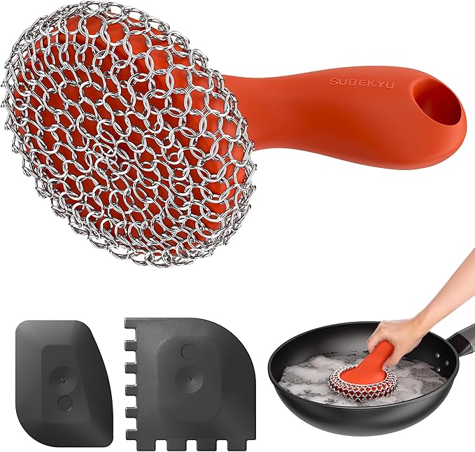 SUBEKYU Cast Iron Scrubber with Silicone Handle, Stainless Steel Skillet Cleaner for Cast Iron Pans (Red Scrubber + Scraper)