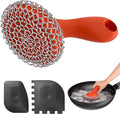 SUBEKYU Cast Iron Scrubber with Silicone Handle, Stainless Steel Skillet Cleaner for Cast Iron Pans (Red Scrubber + Scraper)
