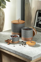 Miamolo Small Ceramic Jar with Lid, Coffee Container Kitchen Food Storage Jars for Sugar Tea Bag, Stackable Decorative Spice Jars for Countertop Coffee Bar Accessories- Gray & 5 fl.oz