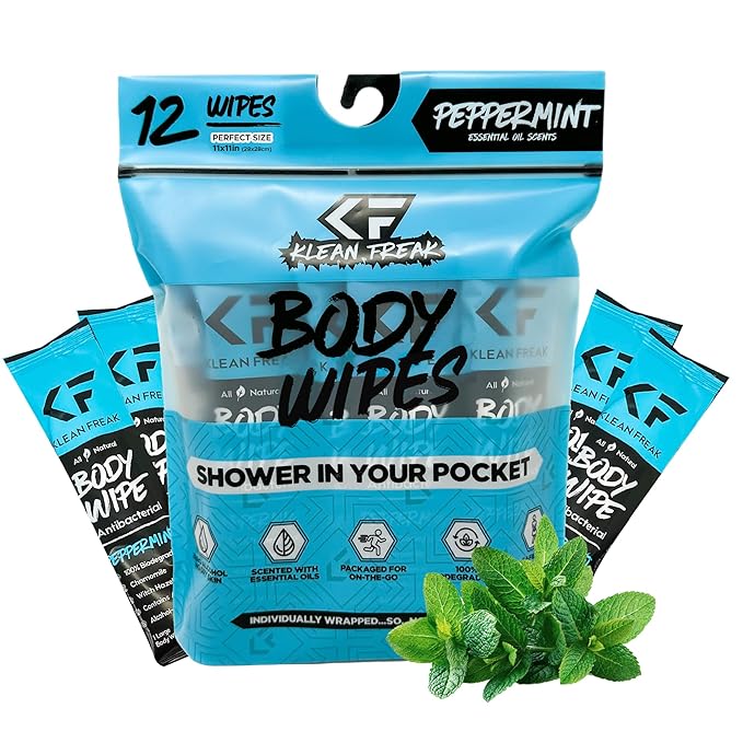 The Klean Freak Body Wipes - 12 count Individually Wrapped | Showerless Body Wipe for Women & Men | Sustainable Bodywipes for Gym, Travel, Camping | Peppermint