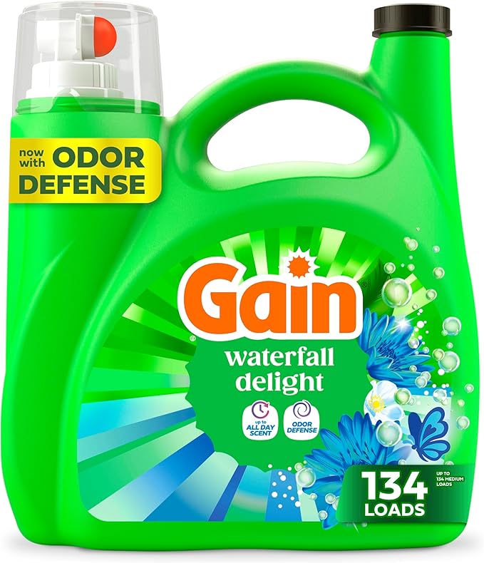 Gain Ultra Oxi Liquid Laundry Detergent, Waterfall Delight Scent, 177 fl oz, Freshness + Odor Fighting, High Efficiency Washing Machine Liquid Cleaning Soap, 134 Loads (Packaging May Vary)