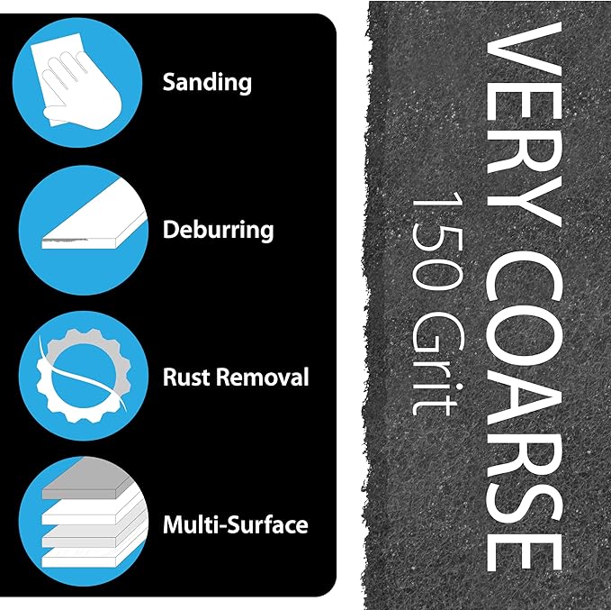 6" x 9" Non-Woven Surface Prep Scuff Pads for Wood, Metal, Surface Removal, Paint Stripping, Rust Removal, Deburring, Very Coarse Abrasive Pad for Woodworking - 150 Grit - 10 Pack (Black)