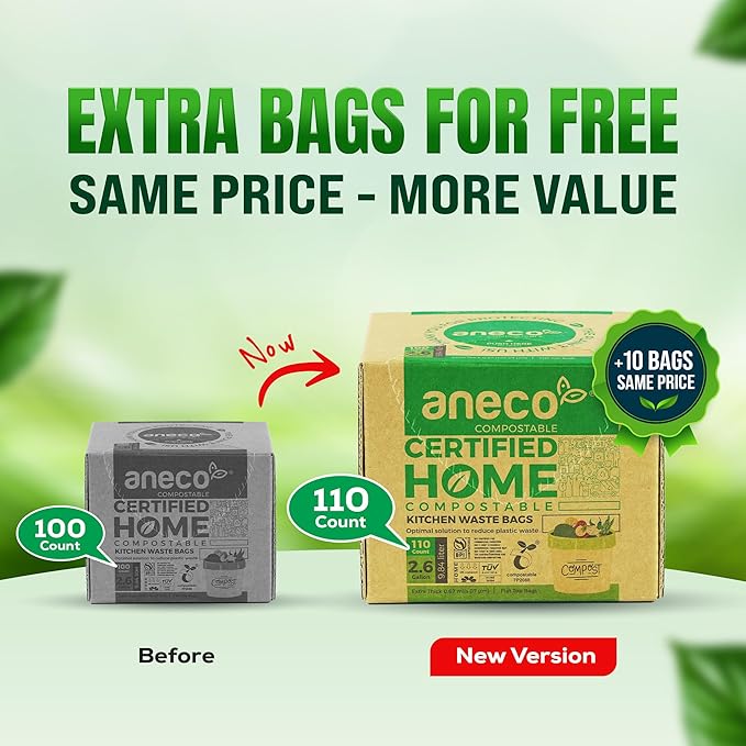 (Include 10 Bonus Bags) ANECO 100% Compostable Waste Bags 2.6 Gallon, Extra Thick Kitchen Small Compost Bags for Countertop Bin, 110 Count (100 + 10 Extra)
