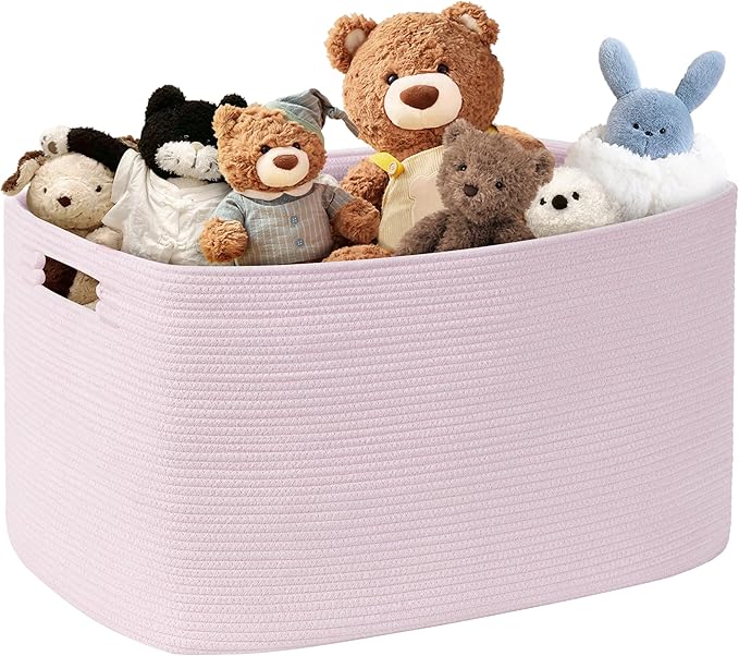 86L Large Baby Girls Laundry Basket for Nursery Storage,Cute Woven cotton Rope Baskets for Kids Toy，Gifts, Boho Square Wicker Blanket hamper for Living Room,Bedroom Dirty Clothes,Pink