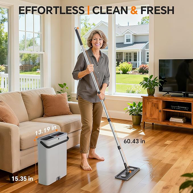 Compact Floor Mop and Bucket - Flat Mop and Bucket with Wringer Set Hands Free | Wet Dry Mop for Apartment, Tiny Home, RV, Windows, Wall, Hardwood, Vinyl, Floor with 6 Microfiber Cloths