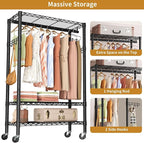 Heavy Duty Clothes Rack Rolling Garment Rack,3 Tier Adjustable Wire Shelving Clothing Racks for Hanging Clothes with Hanger Rod&Side Hooks,Freestanding Wardrobe Storage Rack Metal Portable Closet