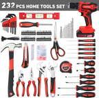 FASTPRO 232-Piece 20V Cordless Lithium-ion Drill Driver & Home Tool Set, Household Repairing Tools Kit with Drill, 12-Inch Wide Mouth Storage Bag, Red
