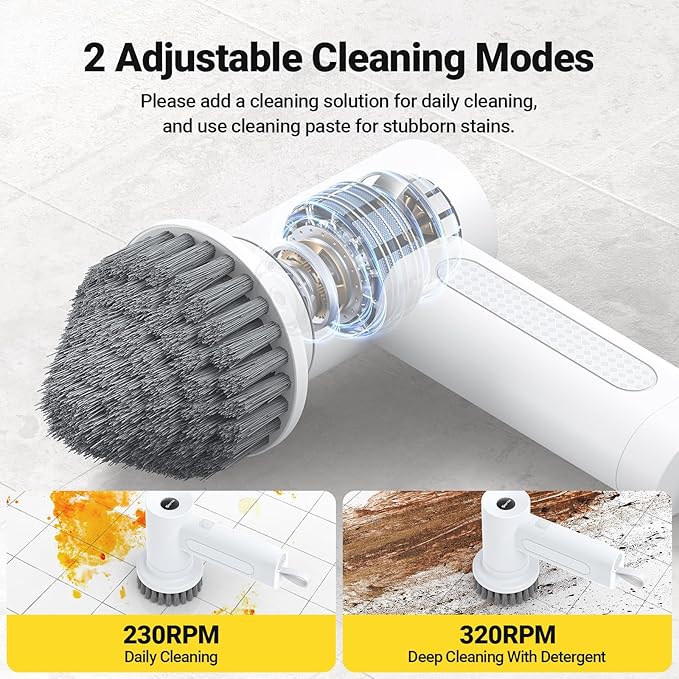 StarVal Electric Spin Scrubber, 3000 mAh Cordless Power With 8 Replaceable Heads, Dual Speed Lightweight Handheld for Cleaning Stove/Bowl/Sink/Corner/Tile/Grout (White)