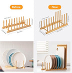 HBlife 2pcs Heighten and Widen Bamboo Dish Drying Rack Plate Bowl Cup Book Pot Lid Cutting Board Stand Drainer Storage Holder Organizer for Kitchen Cabinet