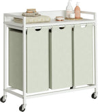 Herture Laundry Hamper with Shelf, Laundry Basket 3 Section, Laundry Sorter with Pull-Out Removable Large Bags and Movable Wheels, Metal Frame, 3 x 15.87 Gallons (60L), White PF04XLW