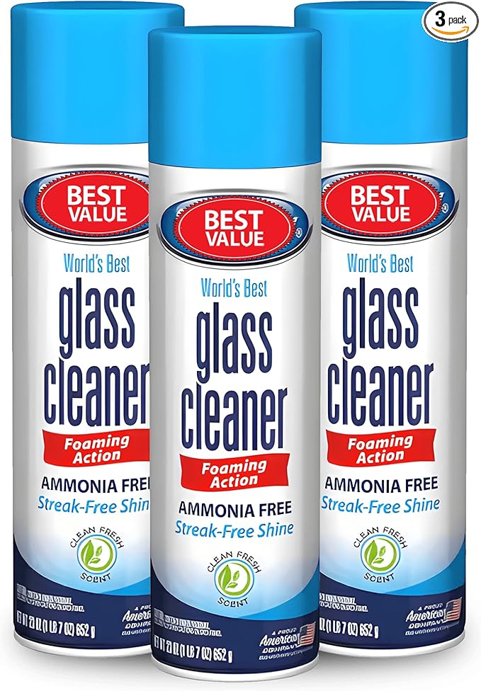 Glass Cleaner Spray 23 Fl Oz Foam Action Window Cleaner Streak Free Shine for Mirrors Windows Glass Surfaces Kitchen Bathroom Car Auto Ammonia Free Fast Drying Formula (Pack of 3)