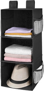 MAX Houser 3-Shelf Hanging Closet Organizer, Hanging Sweater Organizer, Foldable Hanging Shelves for Closet with 2 Velcro, Black