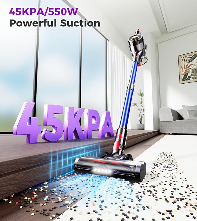 Cordless Vacuum Cleaner, 500W 40Kpa 60Mins Vacuum Cleaners for Home, Anti-tangle Stick Vacuum with Self-Standing, Wall Mount Charging, LDE Display, Wireless Vacuum for Carpet Pet Hair Hardfloor, Blue