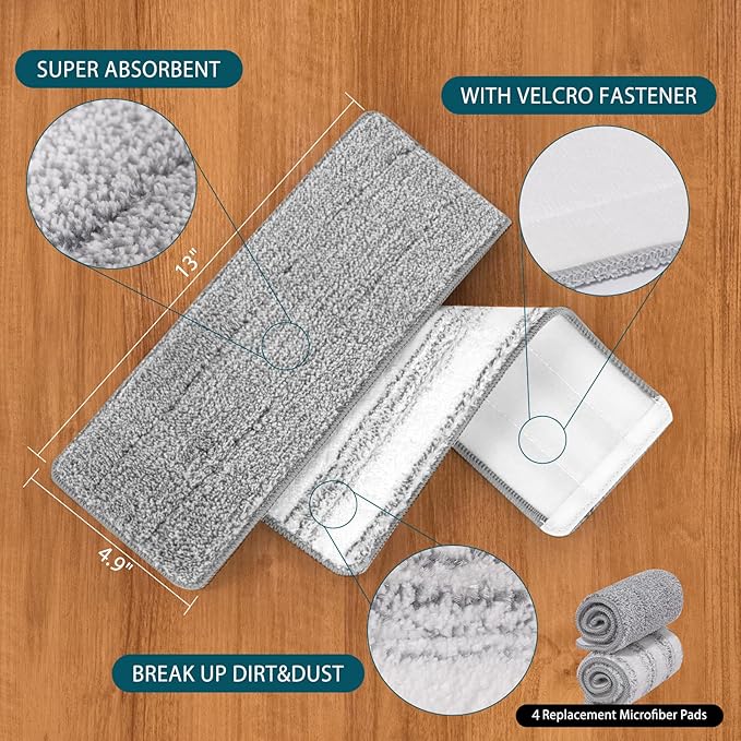 4 Pack Mop Replacement Pads Compatible with Joymoop Flat Mop or Mop Bucket Set - Microfiber Flat Mop Pads for All 13" X 4.9" Squeeze Flat Floor Mop - Washable Mop Head Replacement