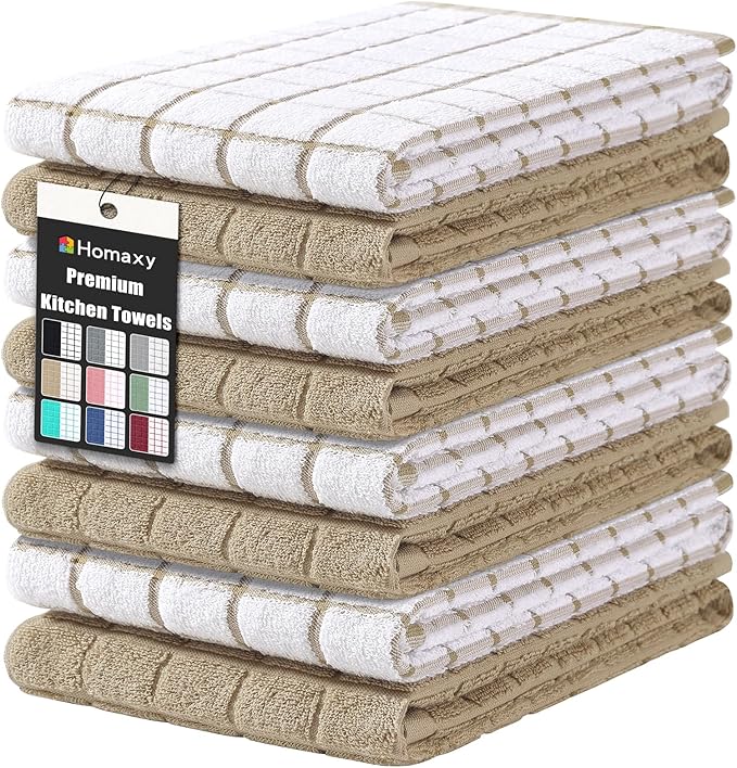 Homaxy Premium Cotton Kitchen Towels 16"x 28", Large Natural Ring Spun 390 GSM Dish Towels, Super Absorbent Terry Kitchen Hand Towels, Soft Tea Towel with Hanging Loop, Tan Check Design, 8 Pack