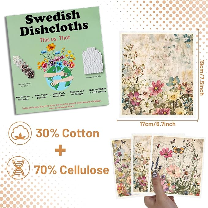 Vintage Floral Swedish Dishcloths for Kitchen 6PCS Floral Swedish Cloths for Washing Dishes Reusable Retro Wildflower Themed Washable Kitchen Towels Sponge Cloths for Home Party Cleaning